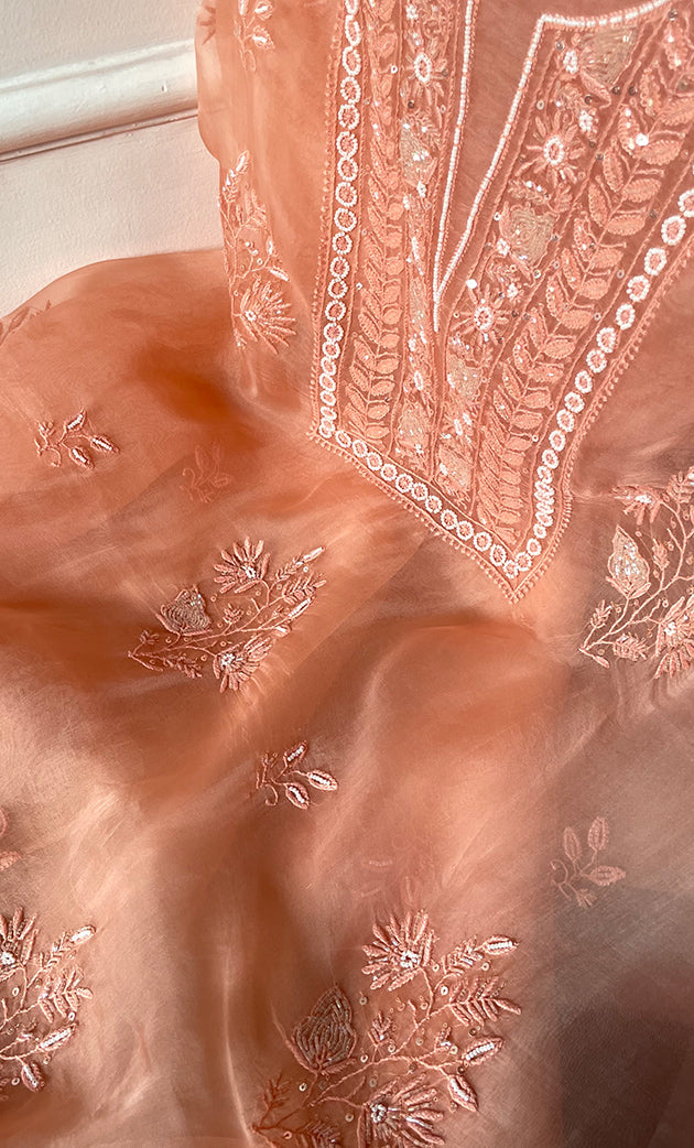 Women's Lakhnavi Handcrafted Pure Organza Chikankari Unstitched Kurta And Dupatta Set- HONC0314163