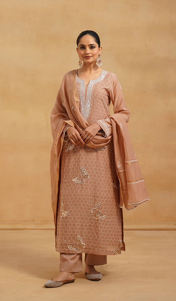 Women's Lakhnavi Handcrafted Mul Chanderi Chikankari Stitched Kurta, Dupatta And Pant Set - HONC0244565