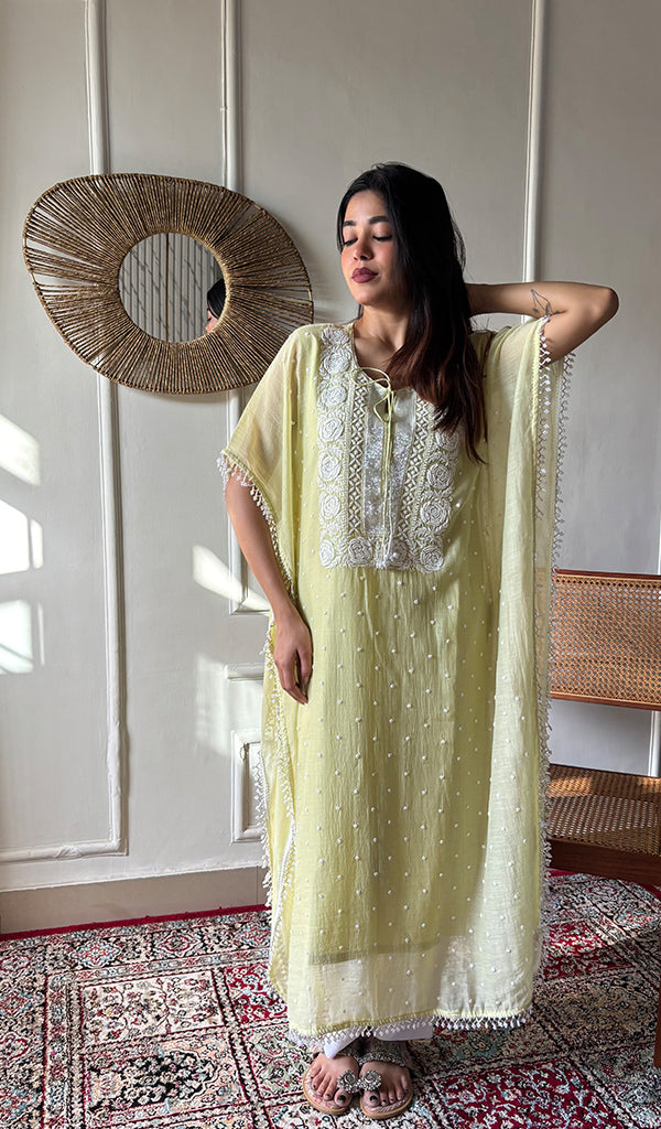 Women's Lucknowi Handcrafted Mul chanderi Chikankari Kaftan - HONC0164615