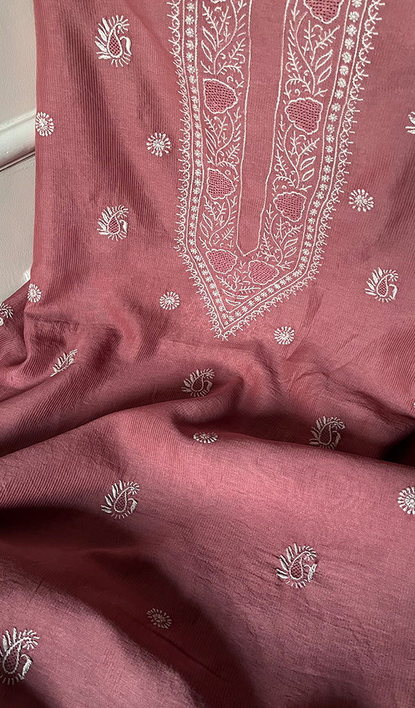 Lucknowi Handcrafted Maheshwari Mul Chanderi Chikankari Unstitched Men's Kurta Fabric - HONC0274611