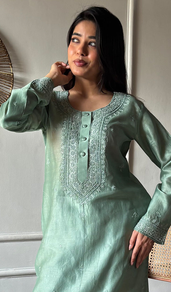 Ishita Women's Lucknowi Handcrafted Chanderi Silk Chikankari Kurti - HONC0340171