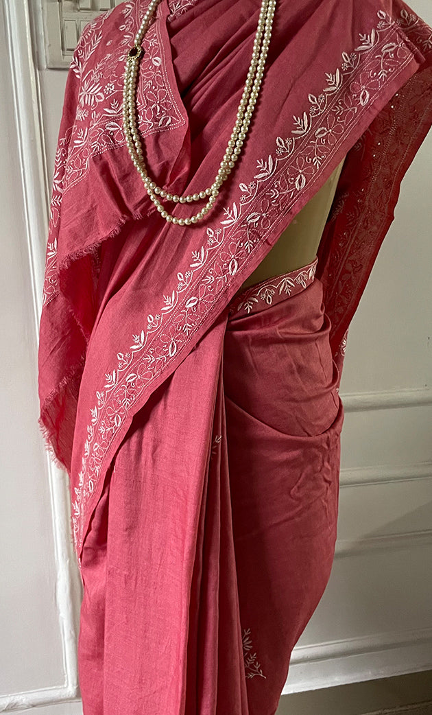 Women's Lakhnavi Handcrafted Munga Silk Chikankari Saree - HONC0307133