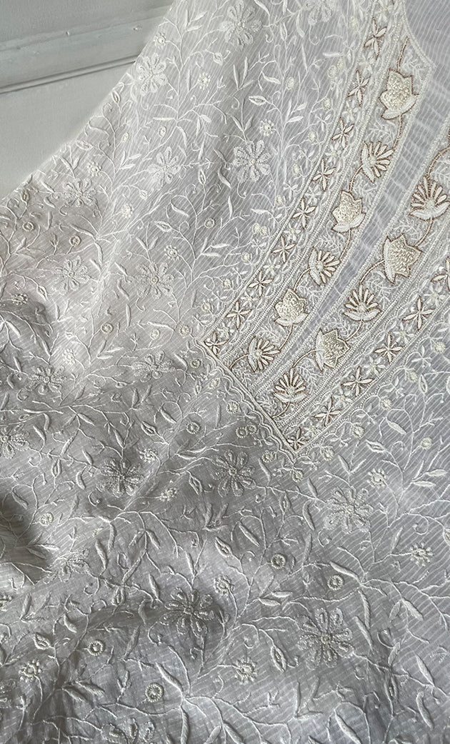 Women's Lakhnavi Handcrafted  Maheshwari  Mul Chanderi Unstitched Kurta And Dupatta Set - HONC0312963