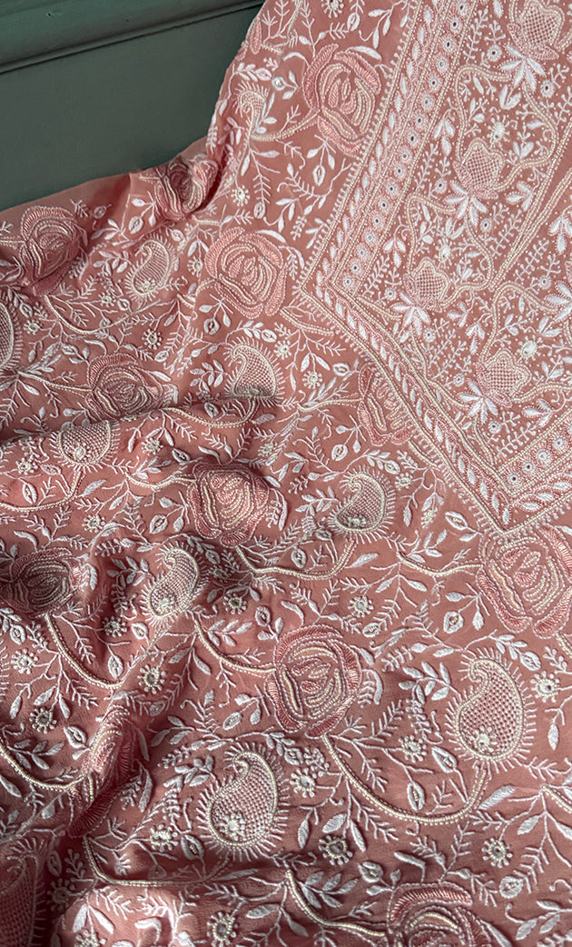 Women's Lakhnavi Handcrafted Pure Silk Georgette Chikankari Kurta And Dupatta Set - HONC0291001