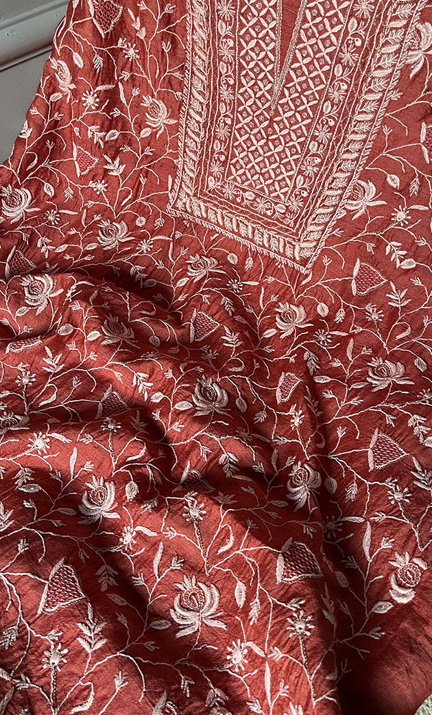 Women's Lakhnavi Handcrafted Munga Silk Chikankari Kurta And Dupatta Set- HONC0282386