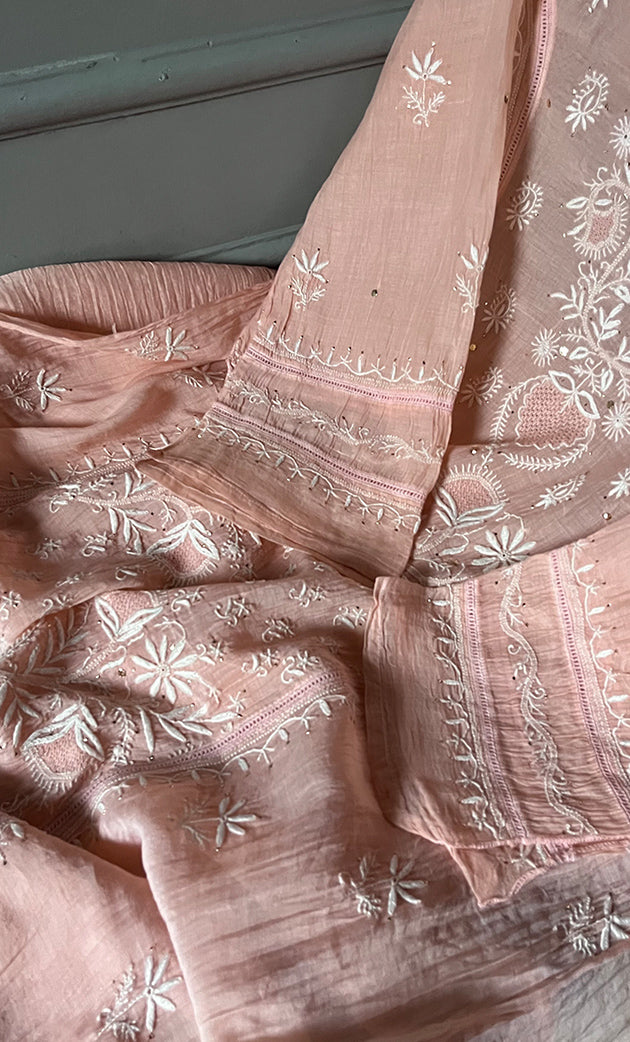 Women's Lakhnavi Handcrafted Mul Chanderi Semi - Stitched Kurta And Dupatta Set - HONC0284759