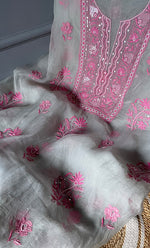 将图像加载到图库查看器中， Women&#39;s Lakhnavi Handcrafted Pure Organza Chikankari Unstitched Kurta And Dupatta Set- HONC0303193

