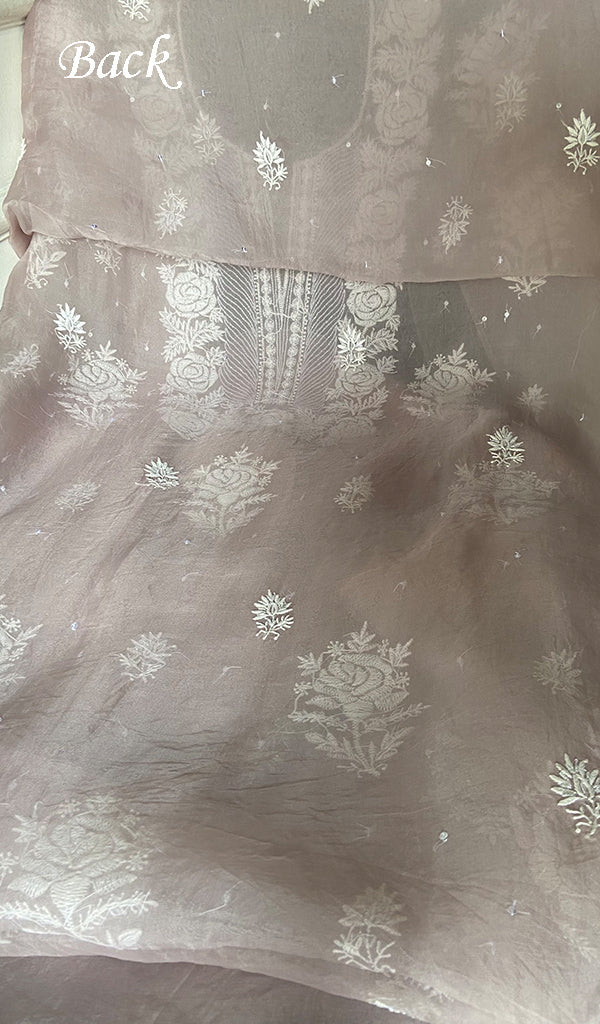 Women's Lakhnavi Handcrafted Pure Organza Chikankari Unstitched Kurta And Dupatta Set- HONC0361466