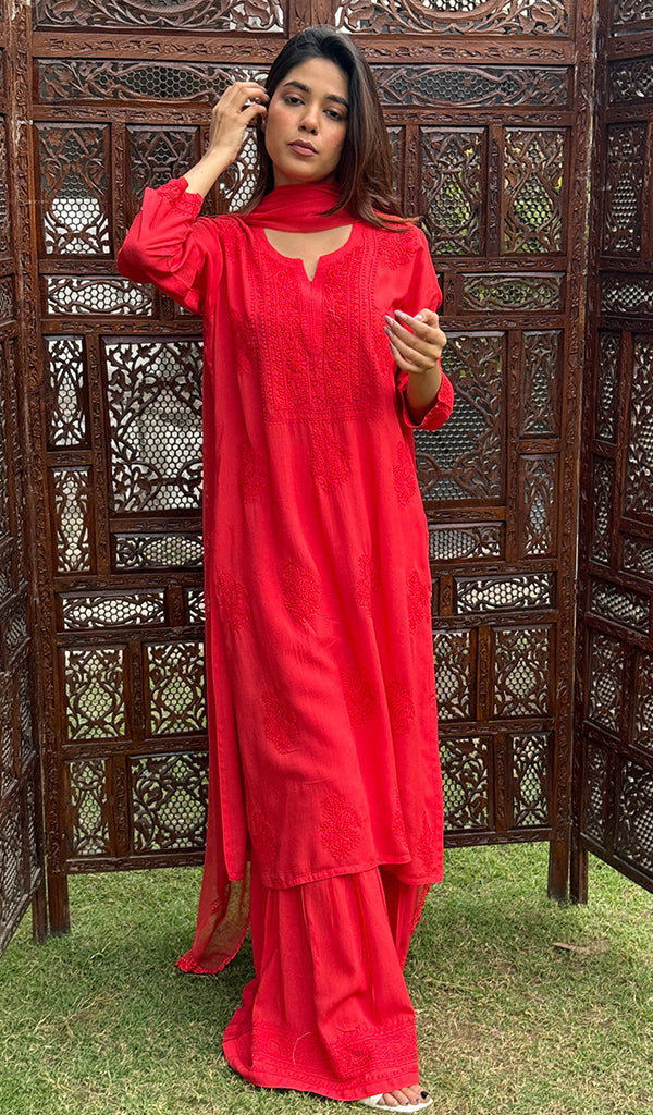 Women's Lakhnavi Handcrafted Modal Cotton Chikankari Kurta Dupatta And Palazzo Set - HONC0233481