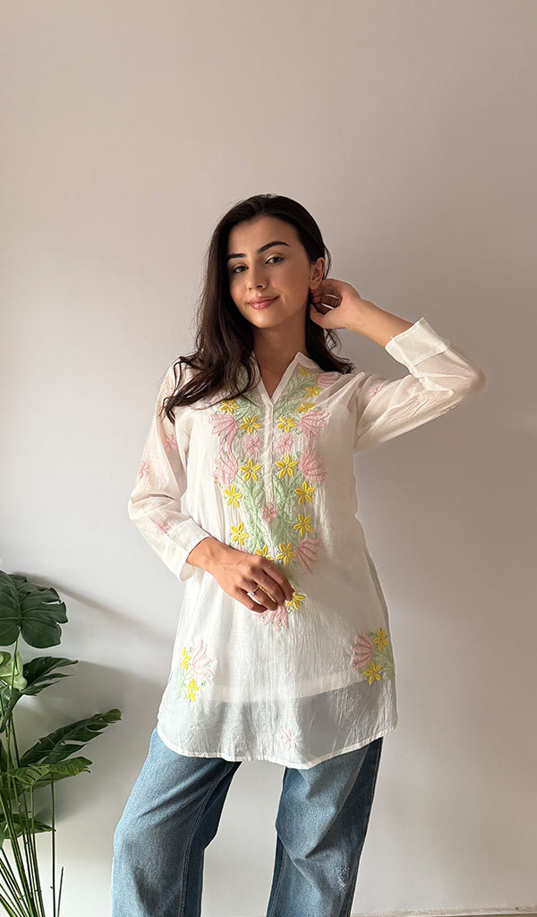 Sophia Women's Lakhnavi Handcrafted Mul Chanderi Chikankari Top - HONC0372912