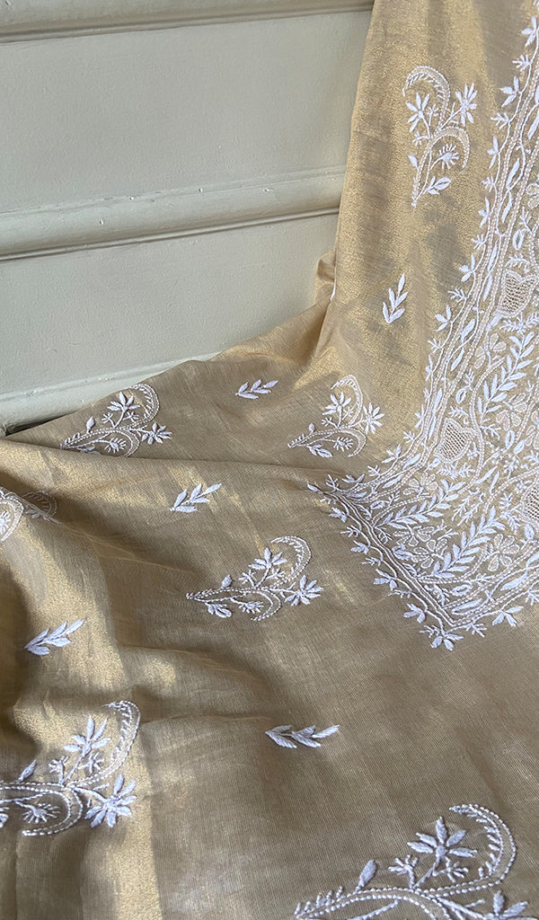 Women's Lakhnavi Handcrafted Tissue Chanderi Unstitched Chikankari Kurta And Dupatta Set - HONC0322415