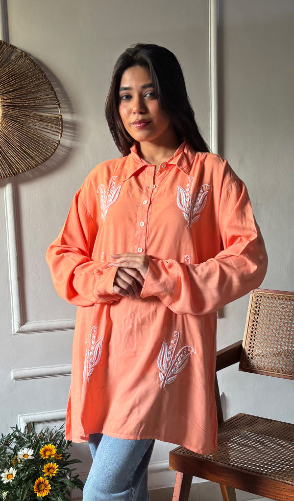 Lakhnavi 手工制作的 Chikankari 棉质上衣 - HONC0111291