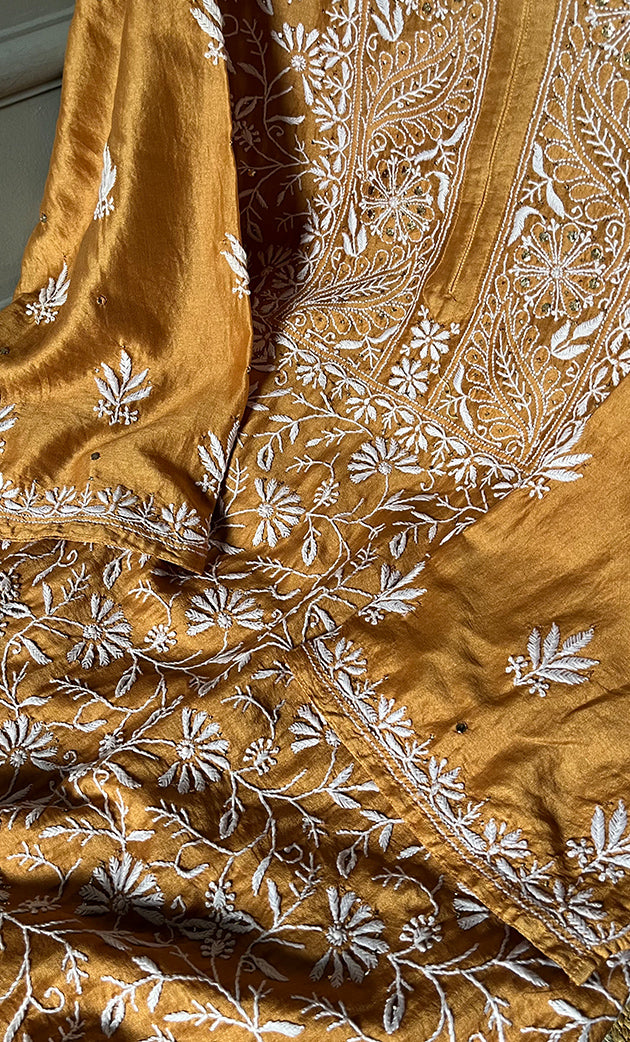 Women's Lakhnavi Handcrafted Chanderi Silk Semi - Stitched Kurta And Dupatta Set - HONC0258039