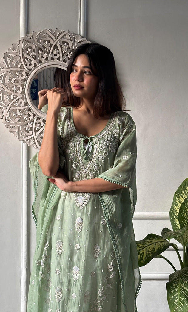 Rabia Women's Lucknowi Handcrafted Mul chanderi Chikankari Kaftan - HONC0310788