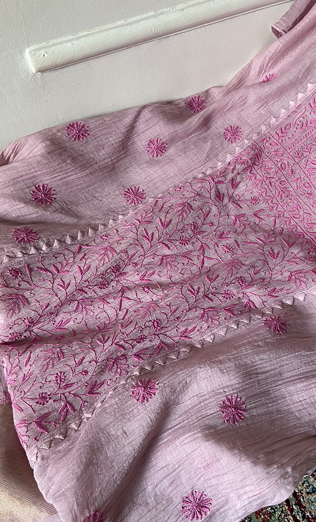 Women's Lakhnavi Handcrafted Mul Chanderi Semi - stitched Chikankari Full Suit Material - HONC0317047