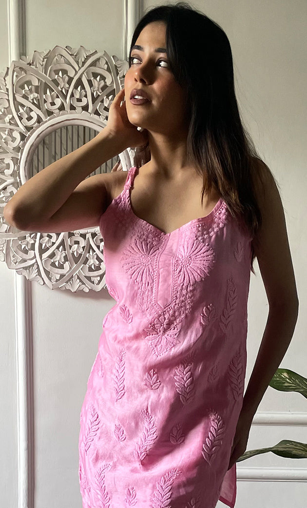 Amreena Women's Lakhnavi Handcrafted Chanderi Silk Chikankari Top And Pant Set - HONC0322958