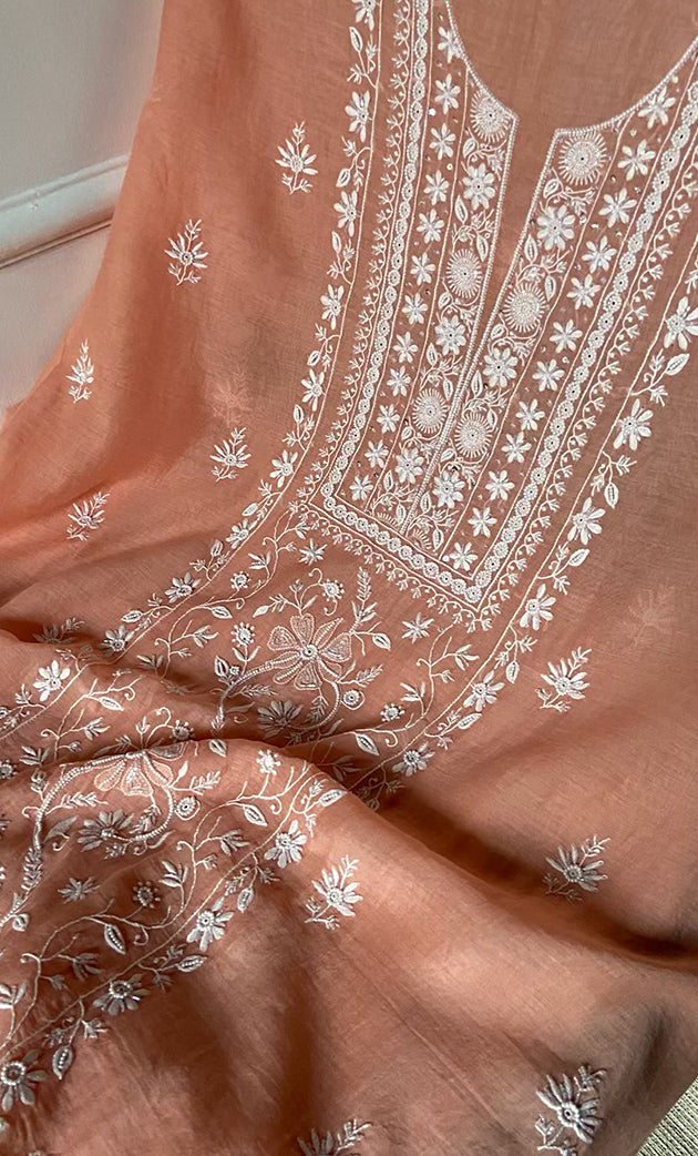 Women's Lakhnavi Handcrafted Mul Chanderi Unstitched Kurta And Dupatta Set - HONC0307211