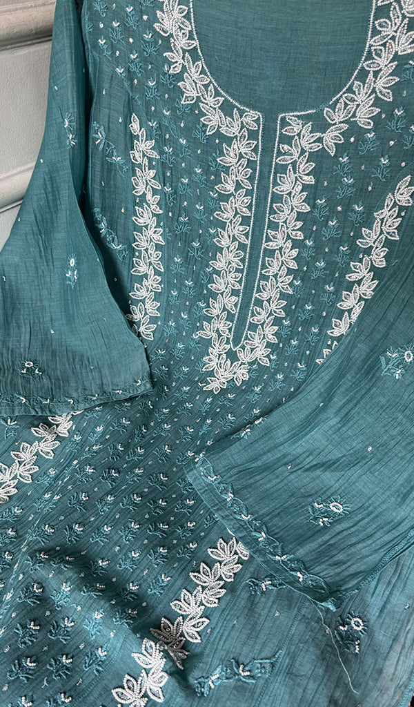 Saziya Women's Lakhnavi Handcrafted Mul Chanderi Semi - stitched Chikankari Full Suit Material - HONC0371115