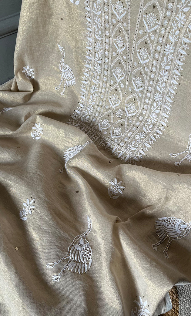 Women's Lakhnavi Handcrafted Tissue Chanderi Unstitched Kurta And Dupatta Set - HONC0267164