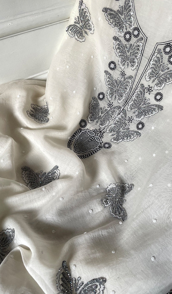 Women's Lakhnavi Handcrafted Unstitchd Mul Chanderi Kurta And Dupatta Set - HONC0330024