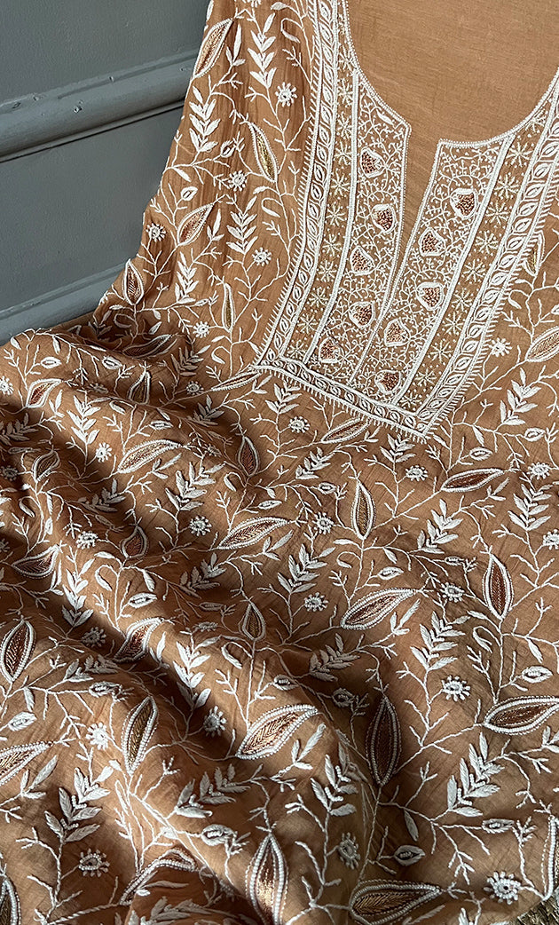 Women's Lakhnavi Handcrafted Mul Chanderi Unstitched Kurta And Dupatta Set - HONC0283165