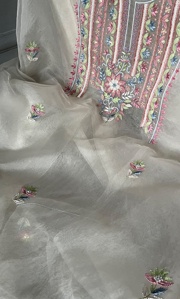 Women's Lakhnavi Handcrafted Pure Organza Chikankari Unstitched Kurta And Dupatta Set- HONC0309243