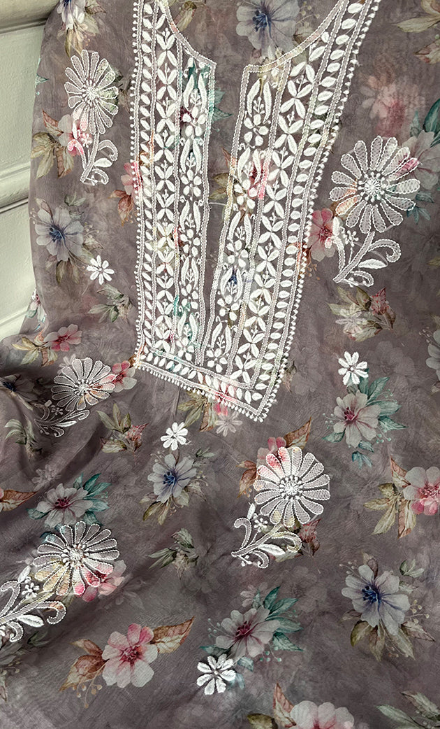 Disha Women's Lakhnavi Handcrafted Organza Chikankari Unstitched Kurti Fabric - HONC0332145