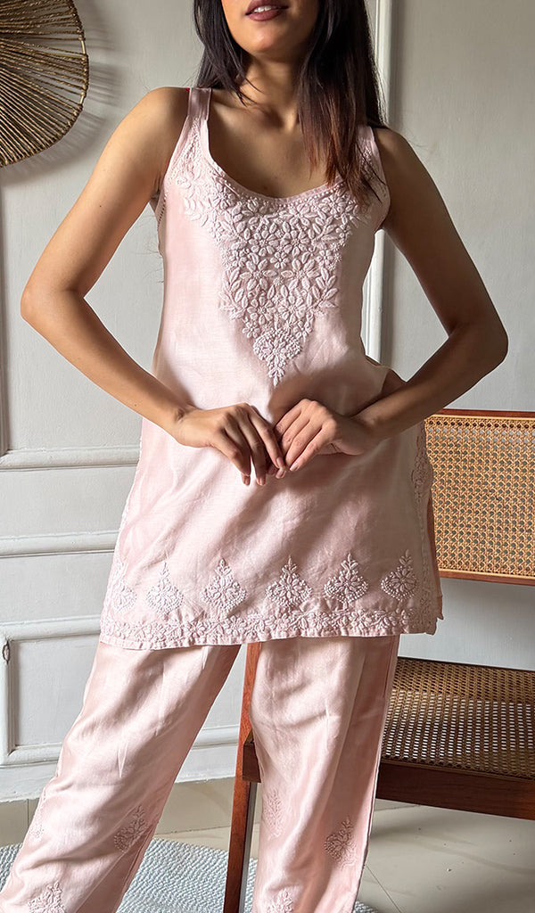 Amreena Women's Lakhnavi Handcrafted Chanderi Silk Chikankari Top And Pant Set - HONC0344996