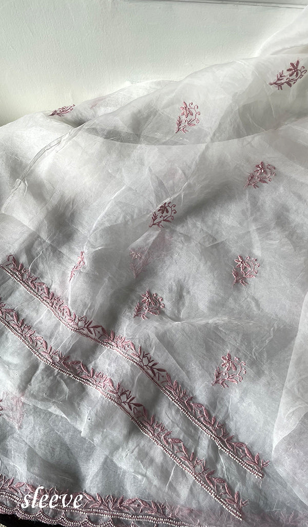 Women's Lakhnavi Handcrafted Pure Organza Chikankari Unstitched Kurta And Dupatta Set- HONC0316458