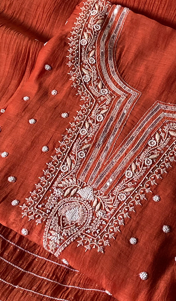 Women's Lakhnavi Handcrafted Mul Chanderi Semi- stitched Kurta And Dupatta Set- HONC0328241