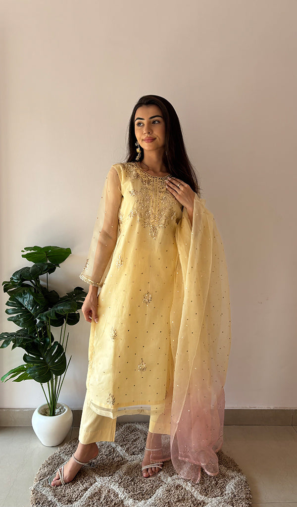 Marifa Women's Lucknowi Handcrafted Pure Organza Silk Stitched Chikankari Kurta, Dupatta With Pant Set- HONC0368442