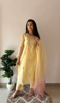 Marifa Women's Lucknowi Handcrafted Pure Organza Silk Stitched Chikankari Kurta, Dupatta With Pant Set- HONC0368442