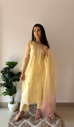 将图像加载到图库查看器中， Women's Lucknowi Handcrafted Pure Organza Silk Stitched Chikankari Kurta, Dupatta With Pant Set- HONC0368442