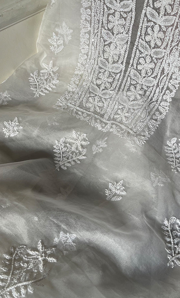 Women's Lakhnavi Handcrafted Organza Chikankari Unstitched Kurta And Dupatta Set - HONC0249870
