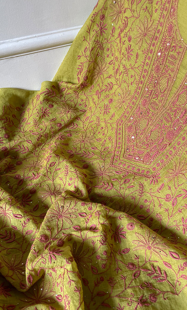 Women's Lakhnavi Handcrafted Chanderi Silk Unstitched Chikankari Kurta And Dupatta Set - HONC0294446