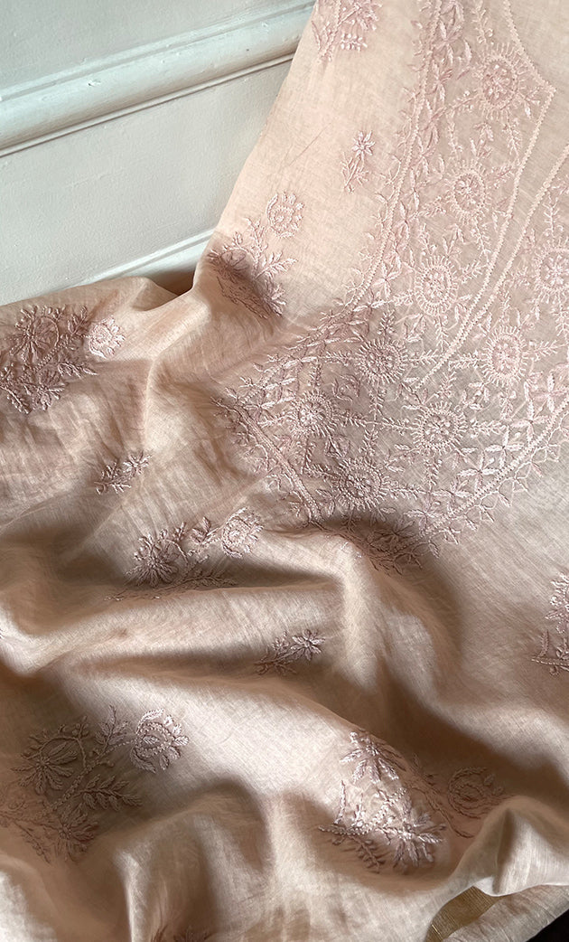 Women's Lakhnavi Handcrafted Mul Chanderi Unstitched Chikankari Full Suit Material - HONC0319535