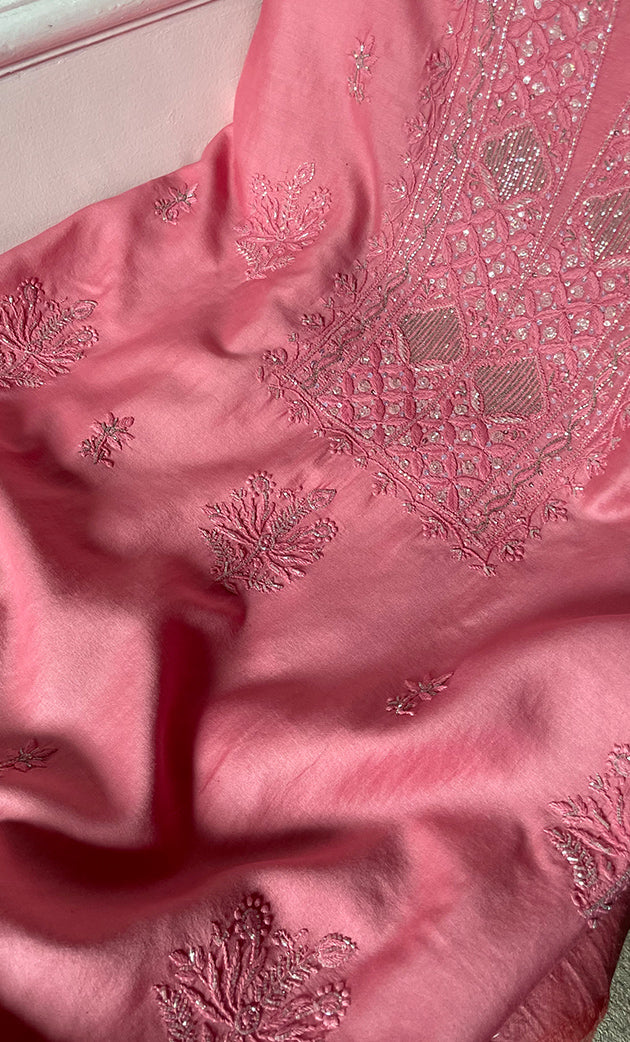 Women's Lakhnavi Handcrafted Chanderi Silk Unstitched Chikankari Kurta And Dupatta Set - HONC0307156