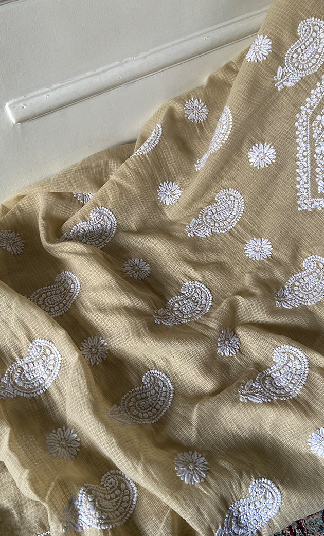 Women's Lucknowi Handcrafted Kota Cotton Chikankari Unstitched Kurta And Dupatta Set - HONC0340099