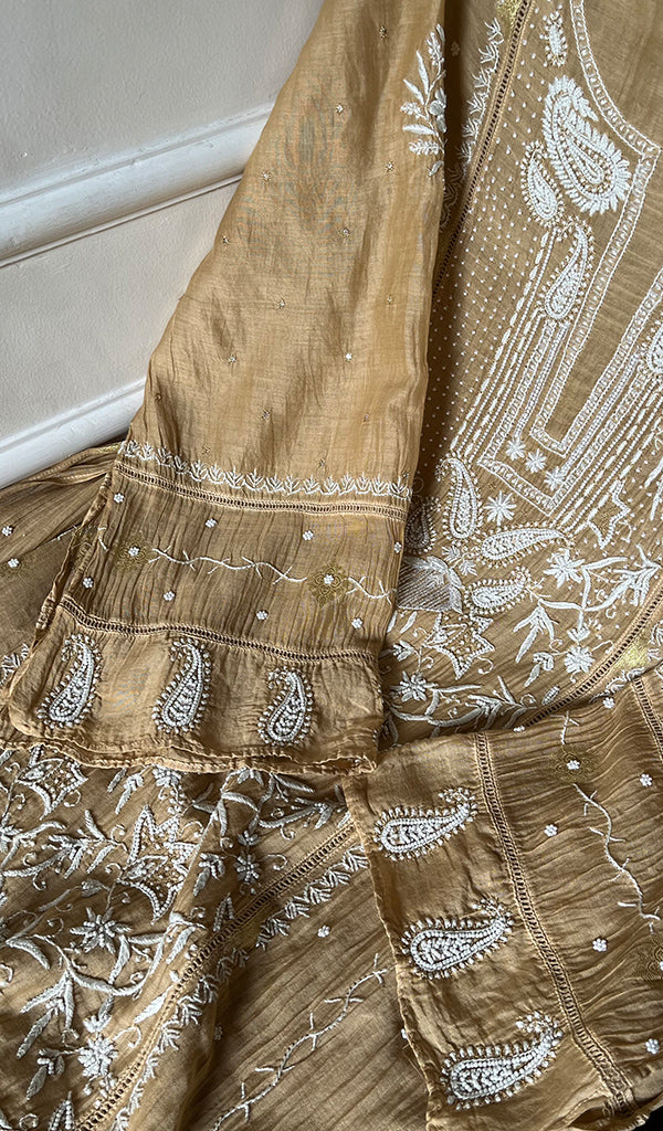 Women's Lakhnavi Handcrafted Mul Chanderi Semi - Stitched Kurta And Dupatta Set - HONC0293242