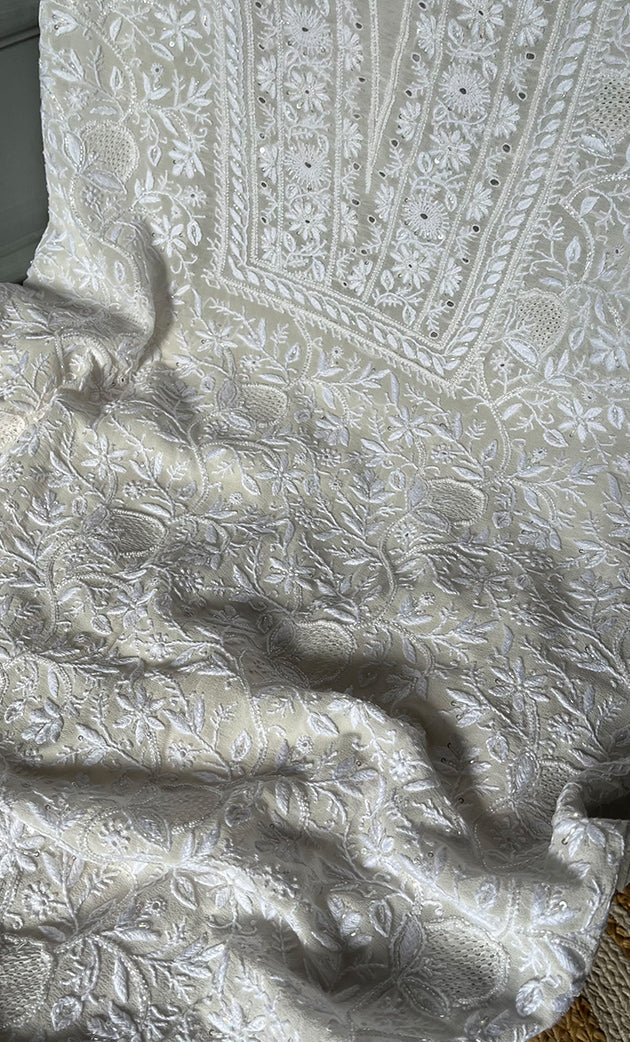 Women's Lakhnavi Handcrafted Pure Silk Georgette Chikankari Kurta And Dupatta Set- HONC0294501