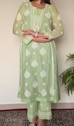 Ira Women's Lucknowi Handcrafted Mul Chanderi Stitched Chikankari Kurta And Plazzo Set .