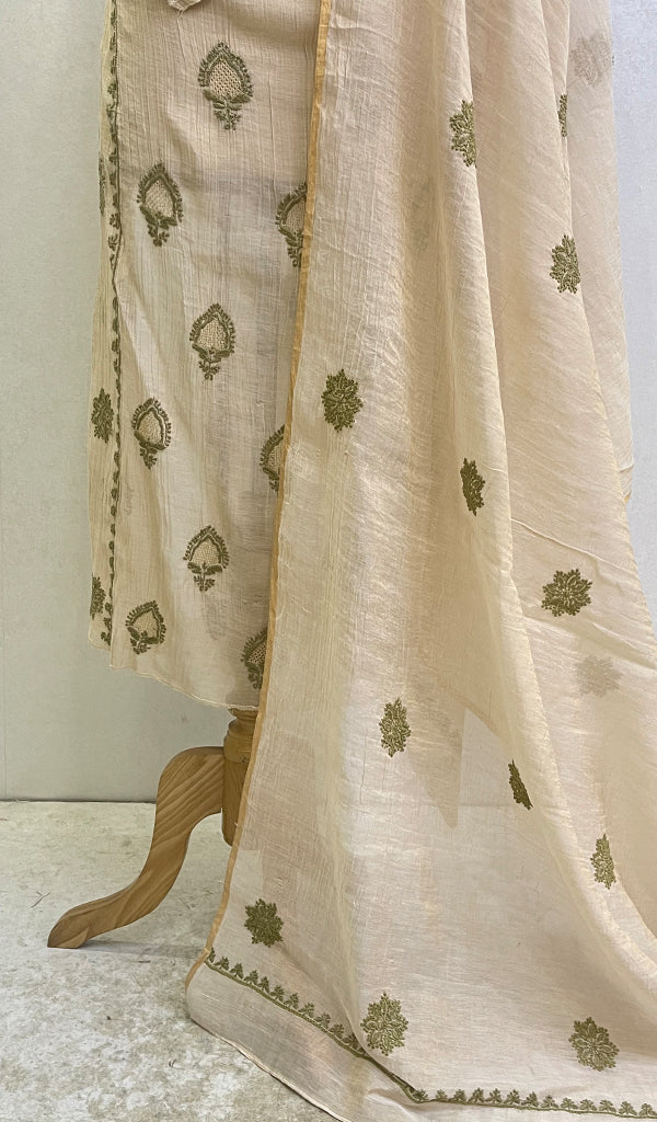 Women's Lakhnavi Handcrafted Tissue Chanderi Chikankari Semi Stitched Kurta And Dupatta Set - HONC0141409