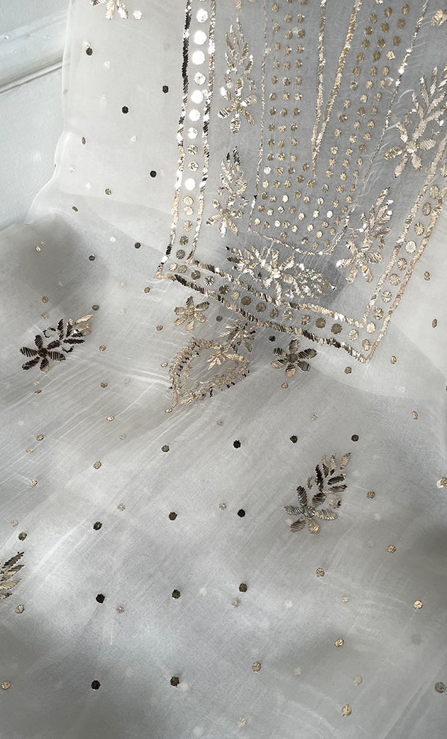 Women's Lakhnavi Handcrafted Pure Organza Chikankari Unstitched Kurta And Dupatta Set- HONC032185