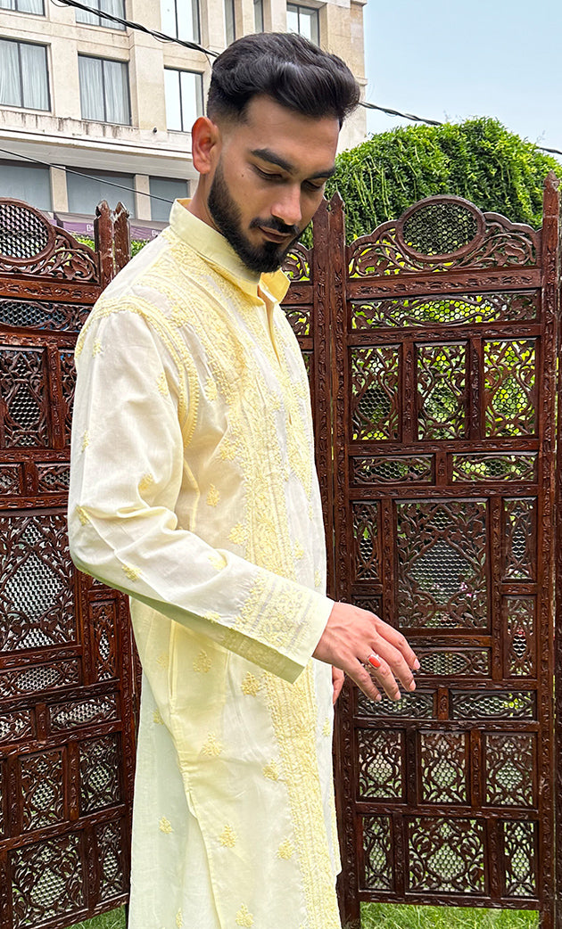 Men's Lucknowi Handcrafted Cotton Chikankari Kurta - HONC0315400