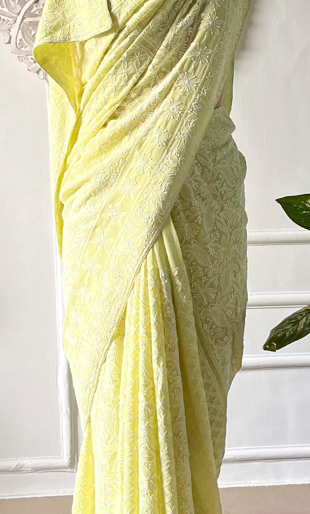 Women's Lakhnavi Handcrafted Pure Silk Georgette Chikankari Saree - HONC0330946