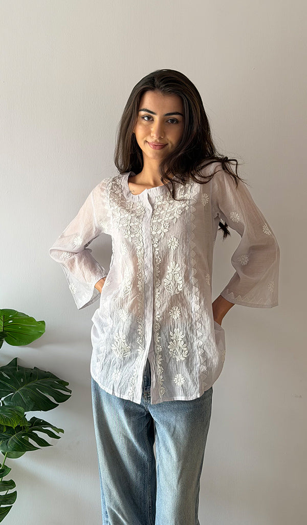Vaanya Women's Lakhnavi Handcrafted Mul Chanderi Chikankari Top - HONC0373146