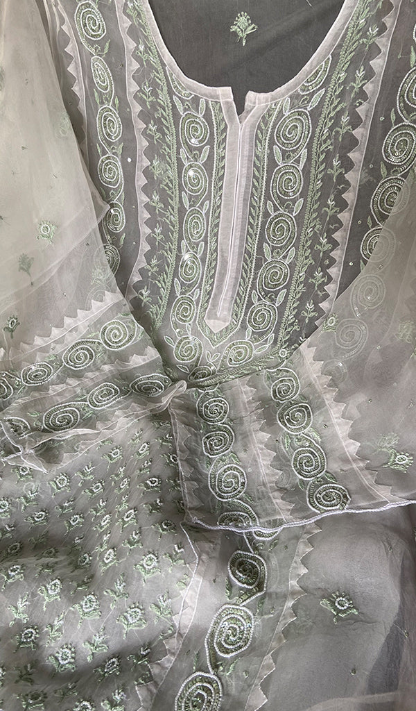 Women's Lucknowi Handcrafted Pure Organza Silk Chikankari Semi- stitched Kurta Dupatta Set- HONC0363193