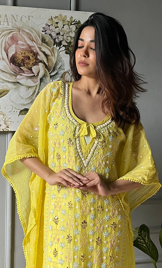 Rabia Women's Lucknowi Handcrafted Mul chanderi Chikankari Kaftan - HONC0306157