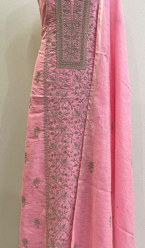 Women's Lakhnavi Handcrafted Chanderi Silk Chikankari Full Suit Material - HONC010669