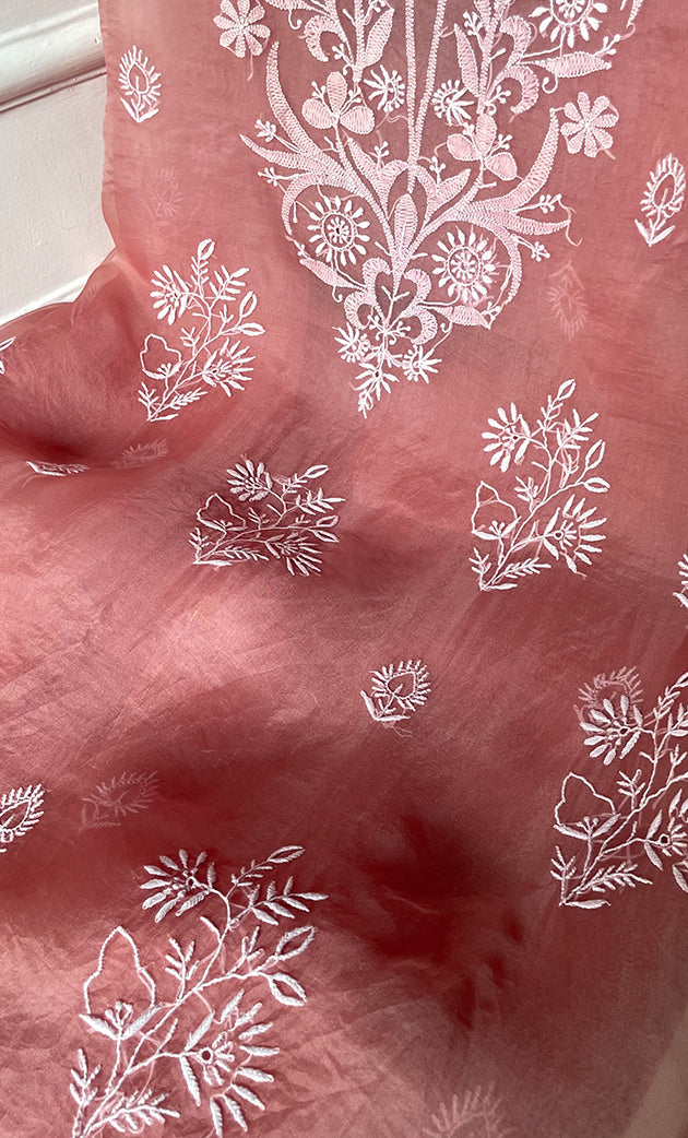 Women's Lakhnavi Handcrafted Pure Organza Chikankari Unstitched Kurta And Dupatta Set- HONC031470